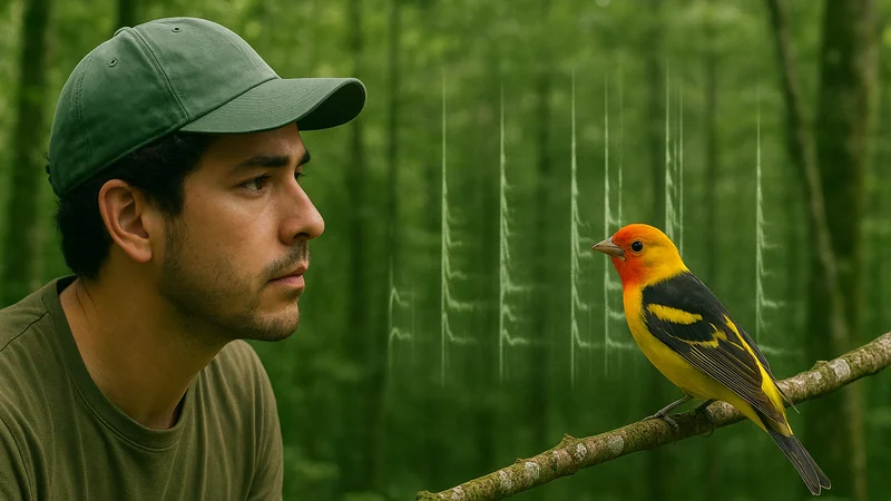 Editorial visual illustrating How Bird Sound Recognition Actually Works: Spectrograms, Models, and Their Blind Spots