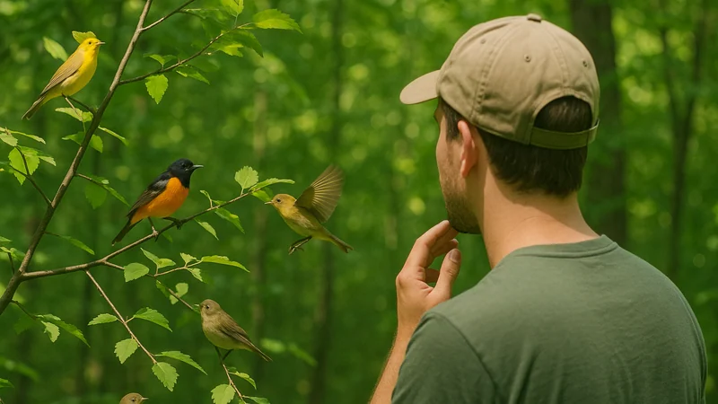 Editorial visual illustrating 'What Bird Is That?' A Decision Rule for Sound, Photo, or Description