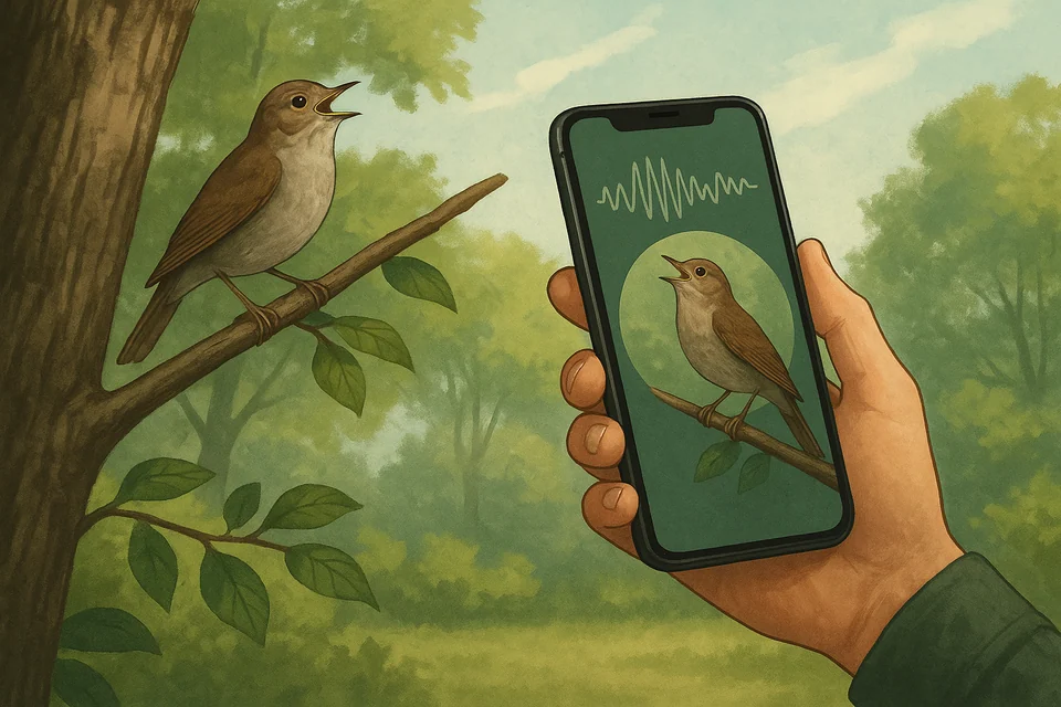 Beginner birder using an iPhone to identify a bird call in a backyard